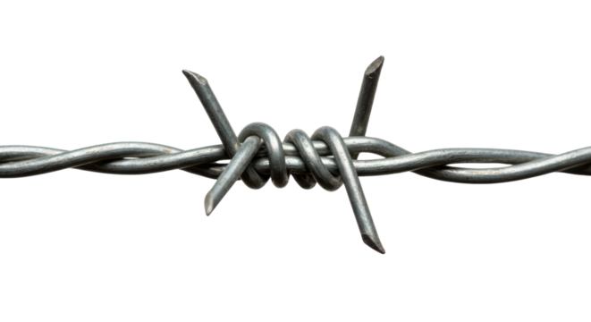 Close-up of Metallic Silver Barbed Wire Strand Isolated on White Background - Powered by Adobe
