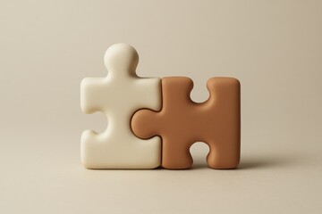 Two connected jigsaw puzzle pieces symbolizing teamwork, partnership, solution and connection against a neutral backdrop.