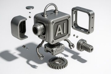 Futuristic robot parts demonstrate artificial intelligence engineering on a clean white background, a concept for future technology.