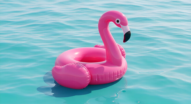Pink Flamingo Pool Float Floating on Turquoise Water, Summer Fun.