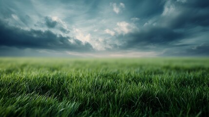 A vast green grass field under a dramatic cloudy sky  long title An expansive meadow of lush vibrant grass stretches out towards a moody overcast sky