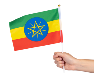 Hand Holding Small Ethiopian Flag on Stick, Dynamic Tilt, .