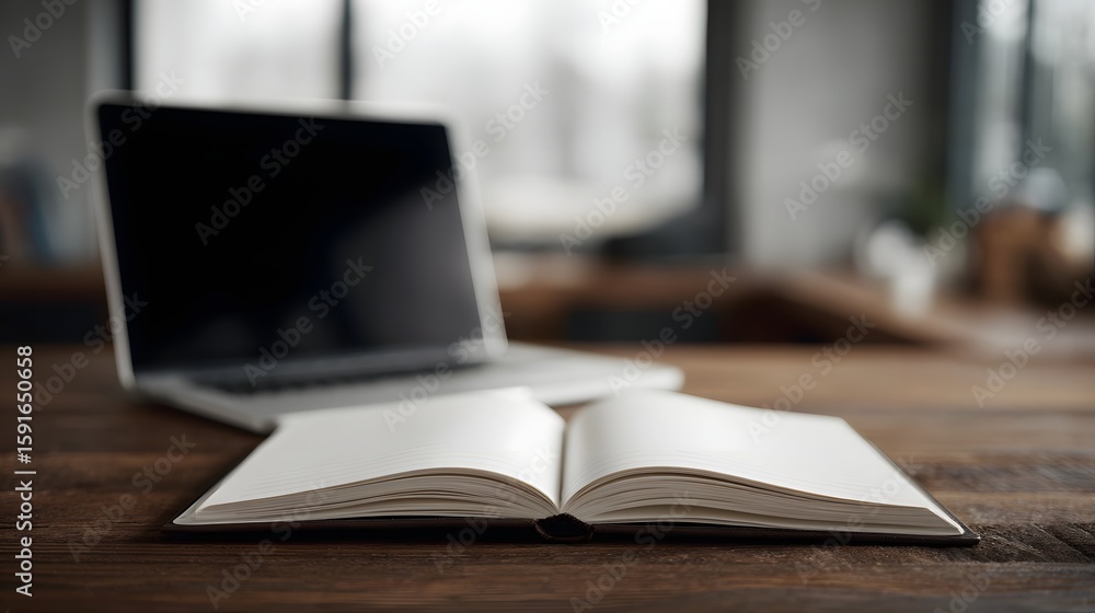 Poster a laptop and open notebook on a wooden table long title a minimalist workspace scene featuring a lap