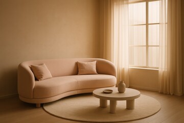 Harmonious interior with peach sofa, round rug, and coffee table creating a calm living space with soft, natural light.