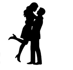 Silhouette of a man holding a woman in his arms with her leg raised in a romantic embrace scene