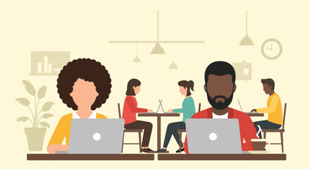 Diverse team working on laptops in a modern co-working space. Ideal for website banners, brochures, and presentations.