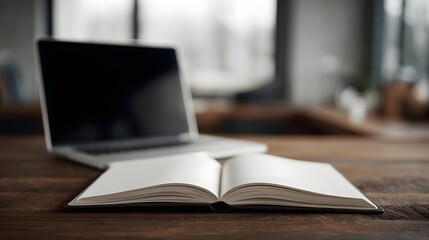 A laptop and open notebook on a wooden table  long title A minimalist workspace scene featuring a laptop computer and open notebook on a simple