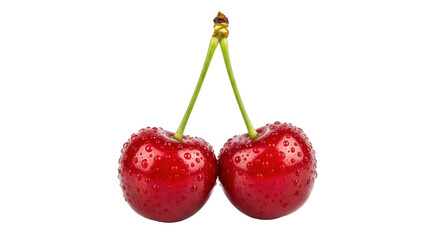 Isolated pair of ripe cherries with water droplets
