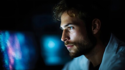 A young man deeply focused on analyzing DNA data on his computer  long title A young male researcher deeply focused on analyzing DNA sequence data