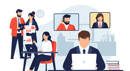 Remote team collaboration: Illustration of a diverse team working together online, perfect for business presentations or websites.
