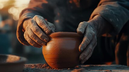 A potter creating a clay pot at their workbench, showcasing the artistry and manual skills involved in crafting handmade ceramics.