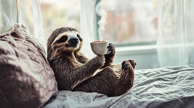 A sloth enjoying a cup of coffee on a bed near a window