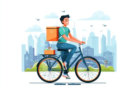 Young man riding a bicycle with a delivery box, city skyline in the background, sunny day