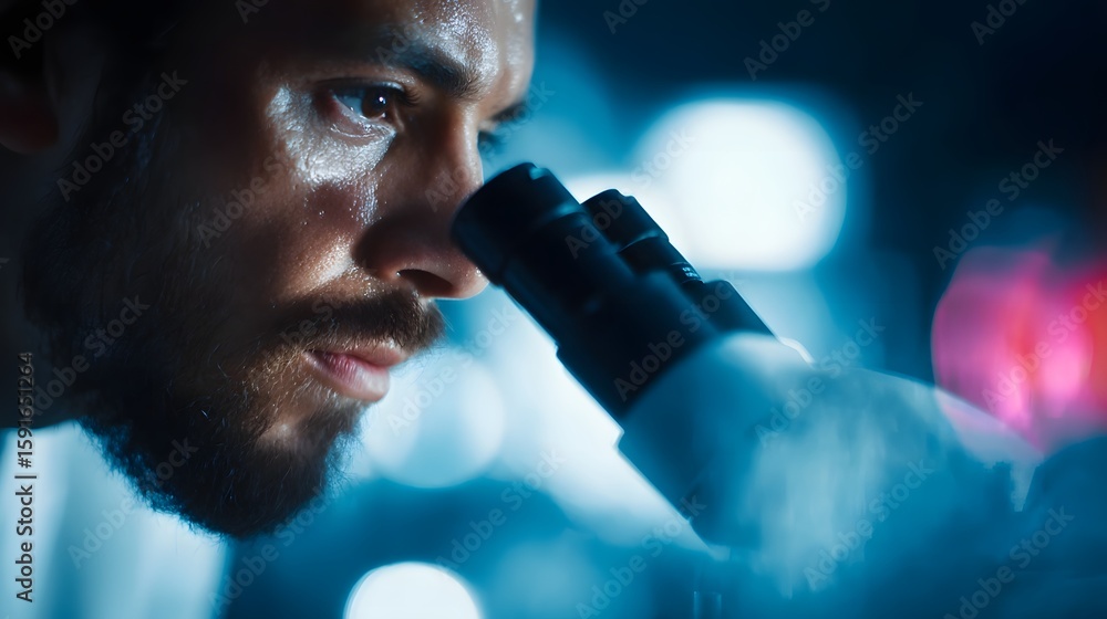 Poster scientist intently examining sample through high tech microscope