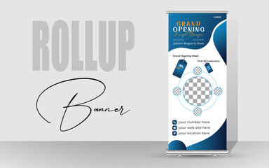 Grand Opening Roll-Up Banner Design for Burger Restaurant | Blue Modern Layout with Discount Offers and Contact Info