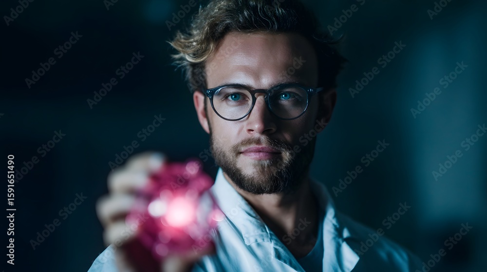Poster scientist examining a holographic atom model in a futuristic lab setting