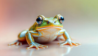 Fototapeta premium Green Frog with Big Eyes Sitting on Surface with Soft Lighting