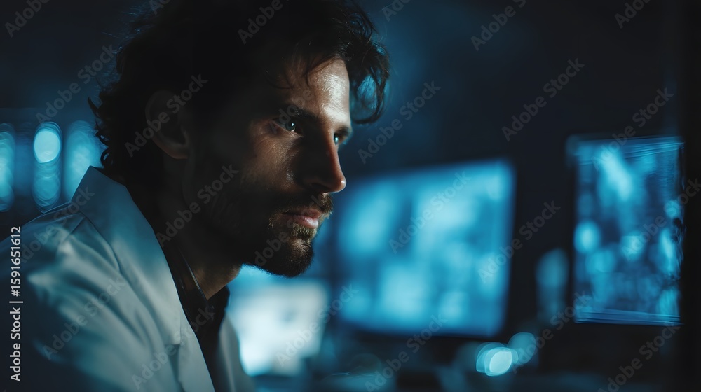 Poster scientist intently examining data on multiple computer monitors