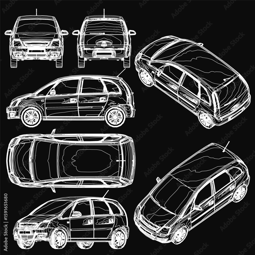 Aufkleber car blueprints in detailed contour outlines, showcasing distinct vehicle designs on a sleek black ba