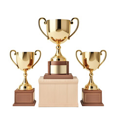 Three awards stand on platforms against a solid backdrop on transparent background