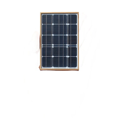 A hand holds a small photovoltaic cell with a wooden frame on transparent background