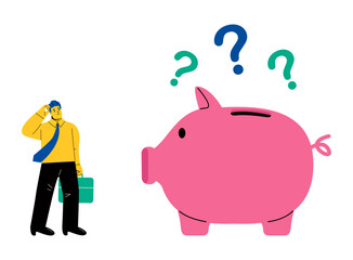 Confused business man with piggybank and question marks. Contemplation money concept. Flat vector illustration isolated on white background