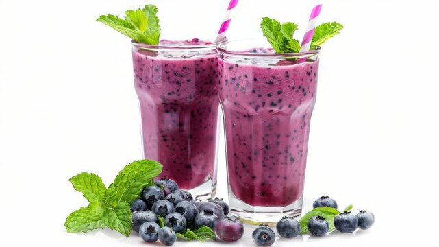 Freshly made, creamy blueberry smoothie served in glass cups with pink straws. Garnished with mint leaves and fresh blueberries.