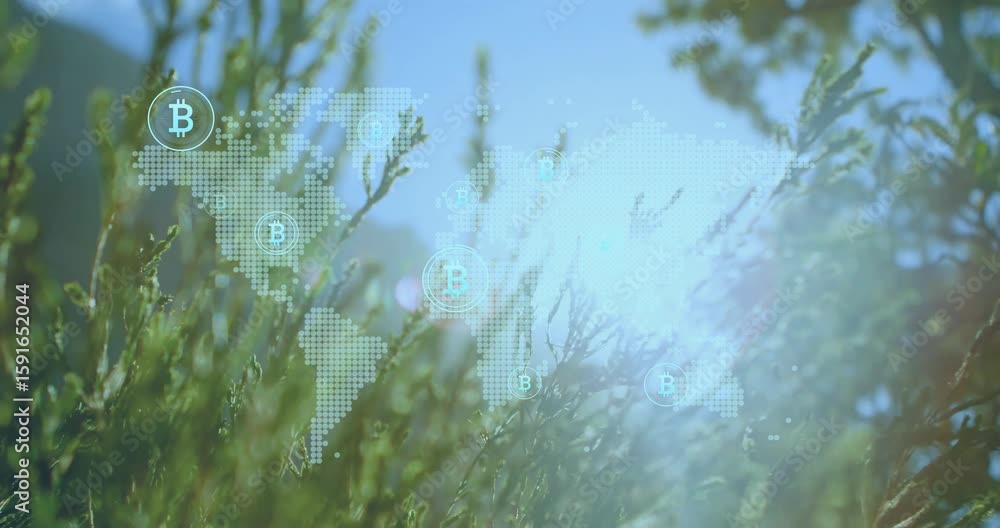 Aufkleber grass swaying causing dotted map fade as bitcoin icons emerging across world showing crypto growth