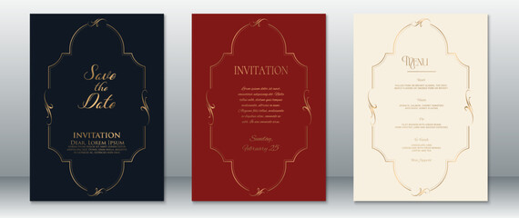Luxury wedding invitation set with golden vintage frames on navy blue, burgundy, and cream backgrounds. Elegant typography and ornamental layout, perfect for formal celebrations and classic-themed.