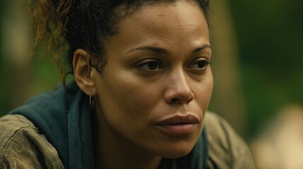 Woman with curly hair looking thoughtfully into the distance, outdoor natural light