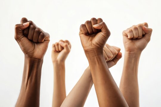 Diverse people raising fists in solidarity against white background