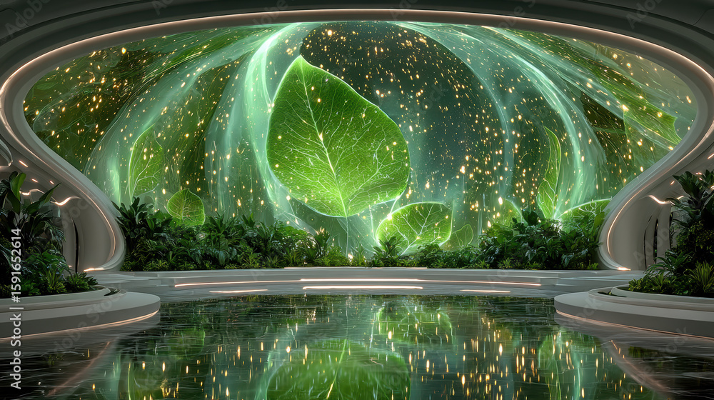 Poster futuristic co2 photosynthesis reactor with glowing bioengineered leaves converting carbon dioxide in