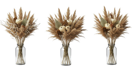 Three bouquets of dried flowers in glass vases for home decor isolated PNG with Transparent Background