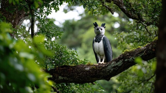 A harpy eagle perched on a high tree branch