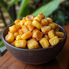 Bowl of Golden Crispy Corn Bites Snack Food Photography