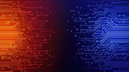 Obraz premium Brain-Computer Interfaces Concept. Abstract Technology Background with Vibrant Orange and Blue Circuit Patterns and Lines