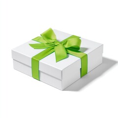 Fototapeta premium A pristine white square gift box adorned with a vibrant lime green ribbon tied in a classic bow, casting a subtle shadow