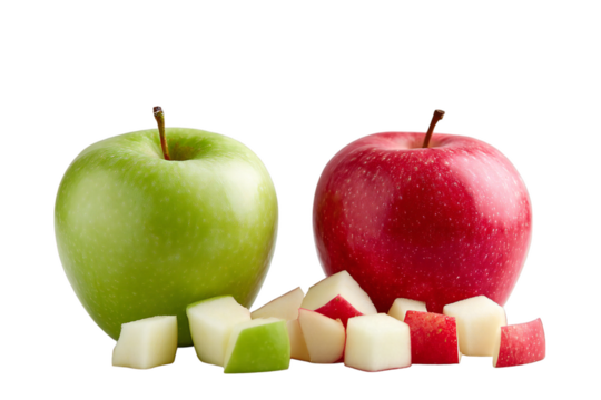 A pair of vibrant apples, one red and one green, presented with freshly diced apple pieces, isolated on transparent background