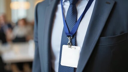Businessman wearing ID badge in conference setting  