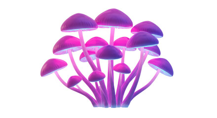 Bunch of magical glowing mushrooms in purple and pink isolated PNG with Transparent Background