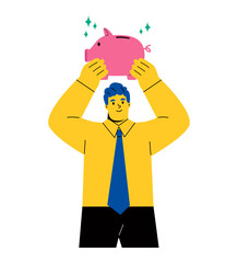 Business man holding a piggy bank. Flat vector illustration isolated on white background