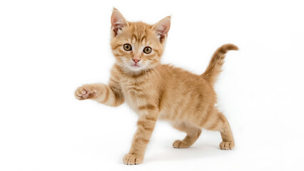 Obraz premium Kitten's playful orange wave of pawsome fun against a white backdrop. Suitable for pet-related designs, virtual backgrounds, and social media posts.