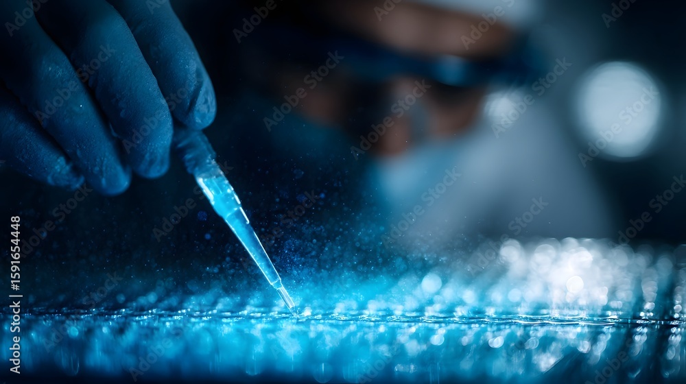 Poster scientist injecting fluid into microchip system in a high tech lab