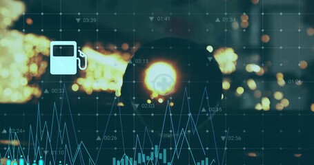 Animating grid and cyan graph on opening furnace molten glow shifting icons showing progression - Powered by Adobe