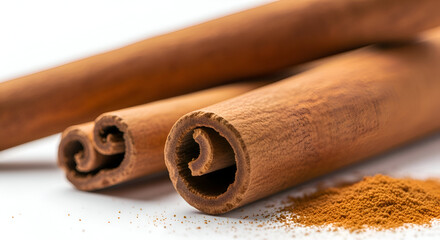 Close-up of Cinnamon Sticks and Powder on White Background