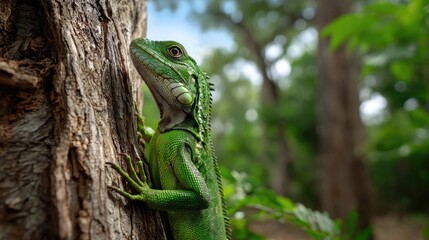 Fototapeta premium A green iguana climbing up a tree trunk