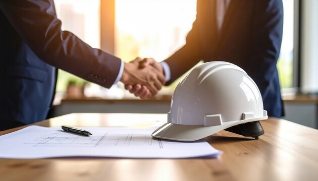 A business agreement in construction industry concept showing trust, partnership, urban development, and infrastructure collaboration at sunrise