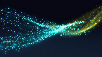 Flowing light trails of blue and yellow particles against a dark background