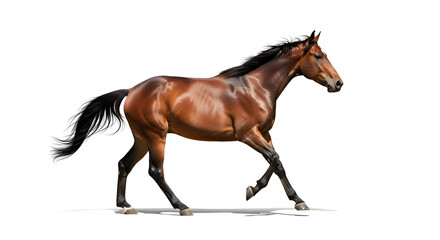 Obraz premium Graceful Bay Horse in Motion, Isolated on White Background, Studio Shot