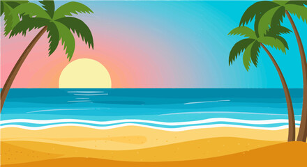 Fototapeta premium Serene sunset over a tropical beach with palm trees.
